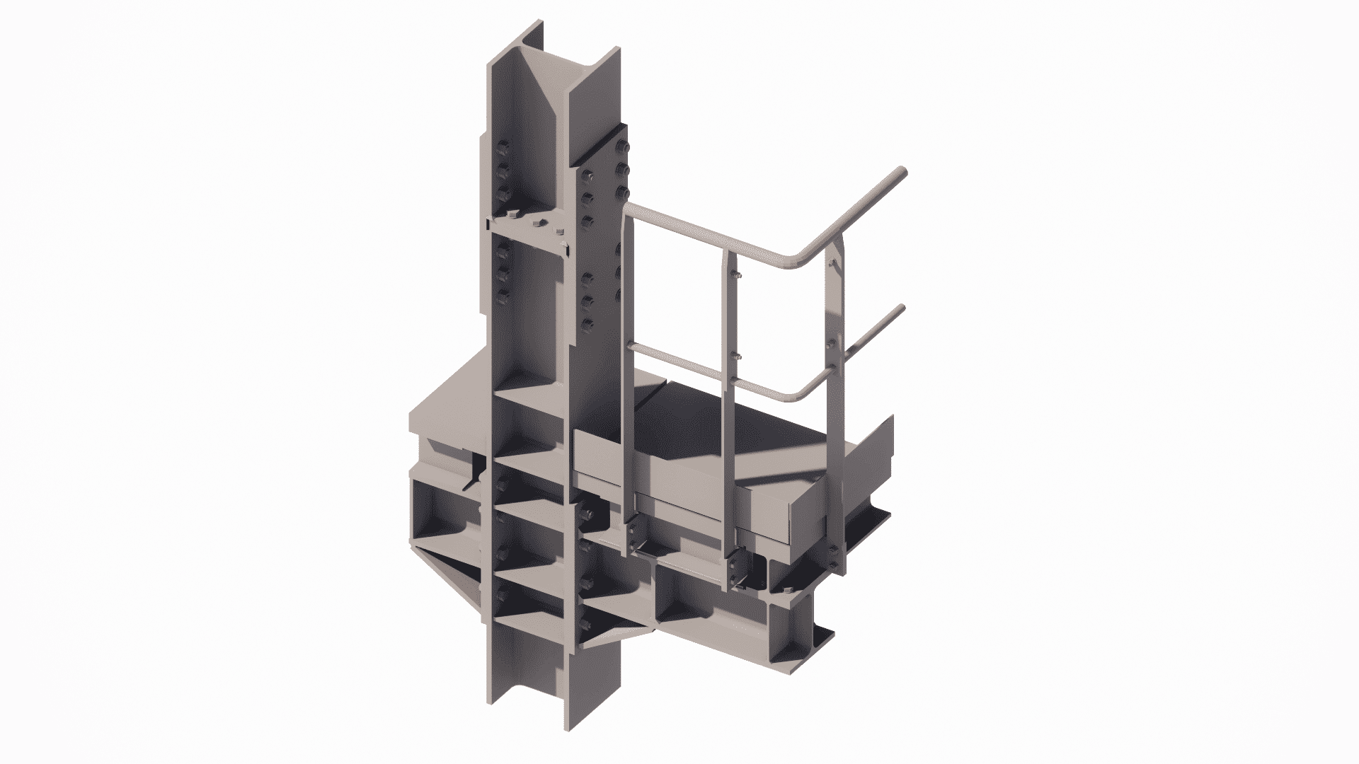 Detailed view of service platform nodes, illustrating connections of railings, steel grating floor decking, and kick plates