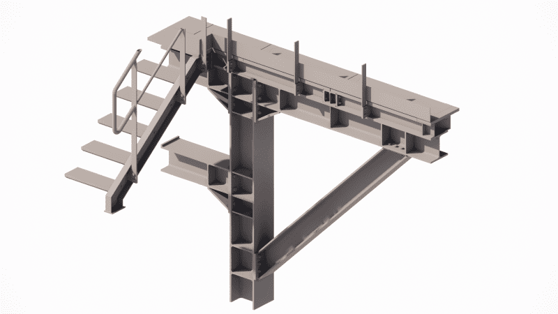 Close-up of the service platform, showing gusset plates, stiffeners, and the integration of access ladders