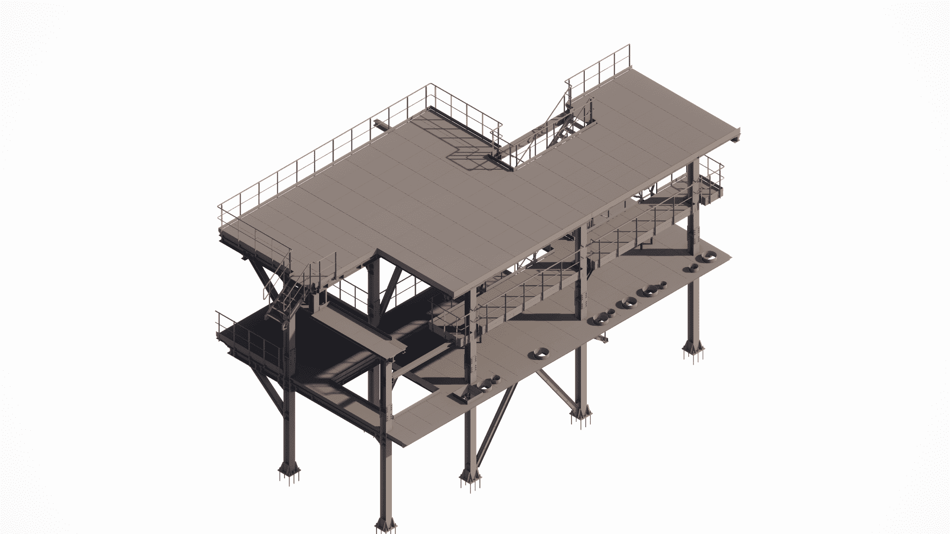 Overall view of a complex steel structural frame for heavy industrial machinery support, modeled in Tekla.