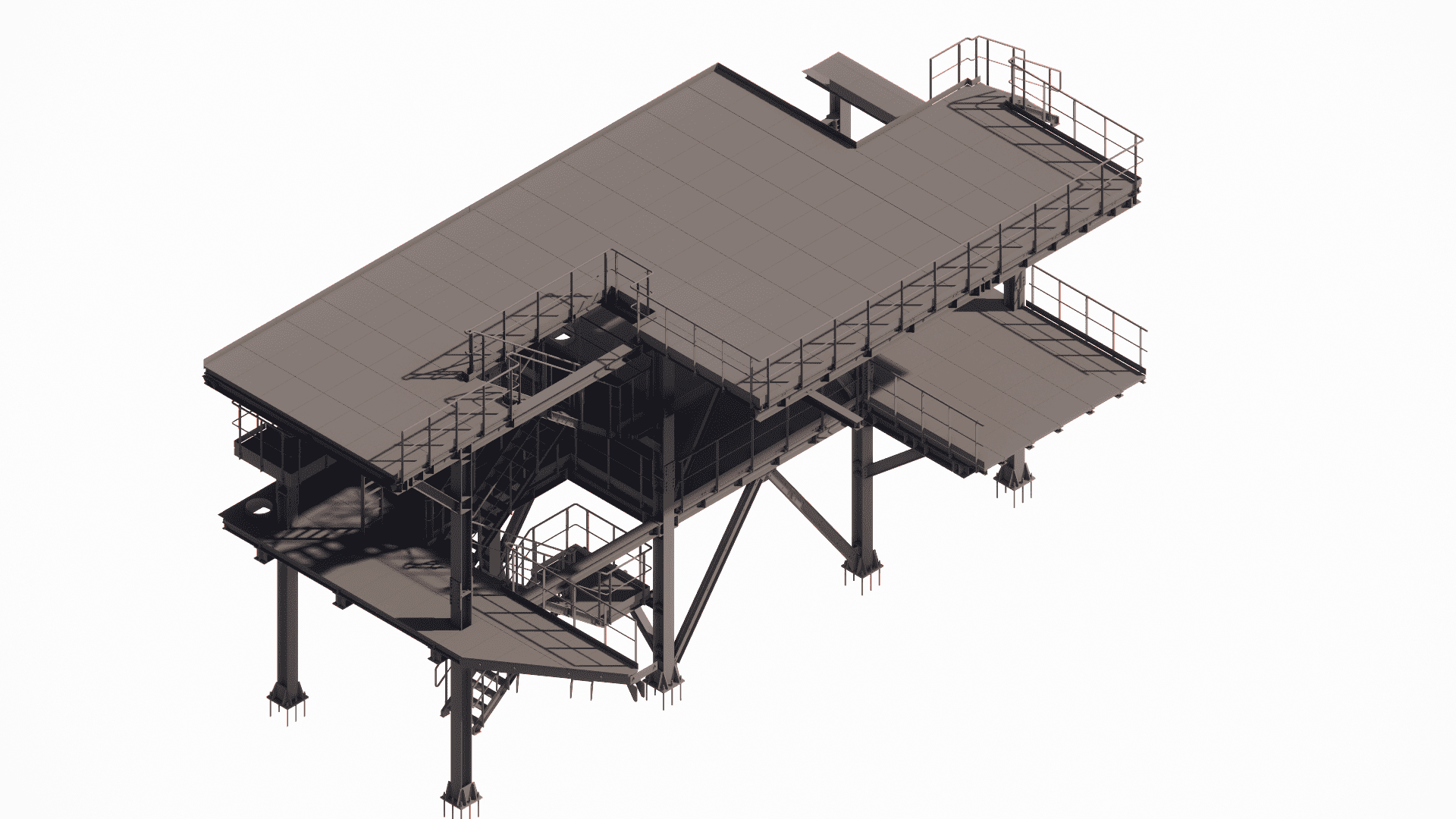 Detailed BIM model (Tekla) of a large steel frame for technological equipment, ready for fabrication drawings in Canada.