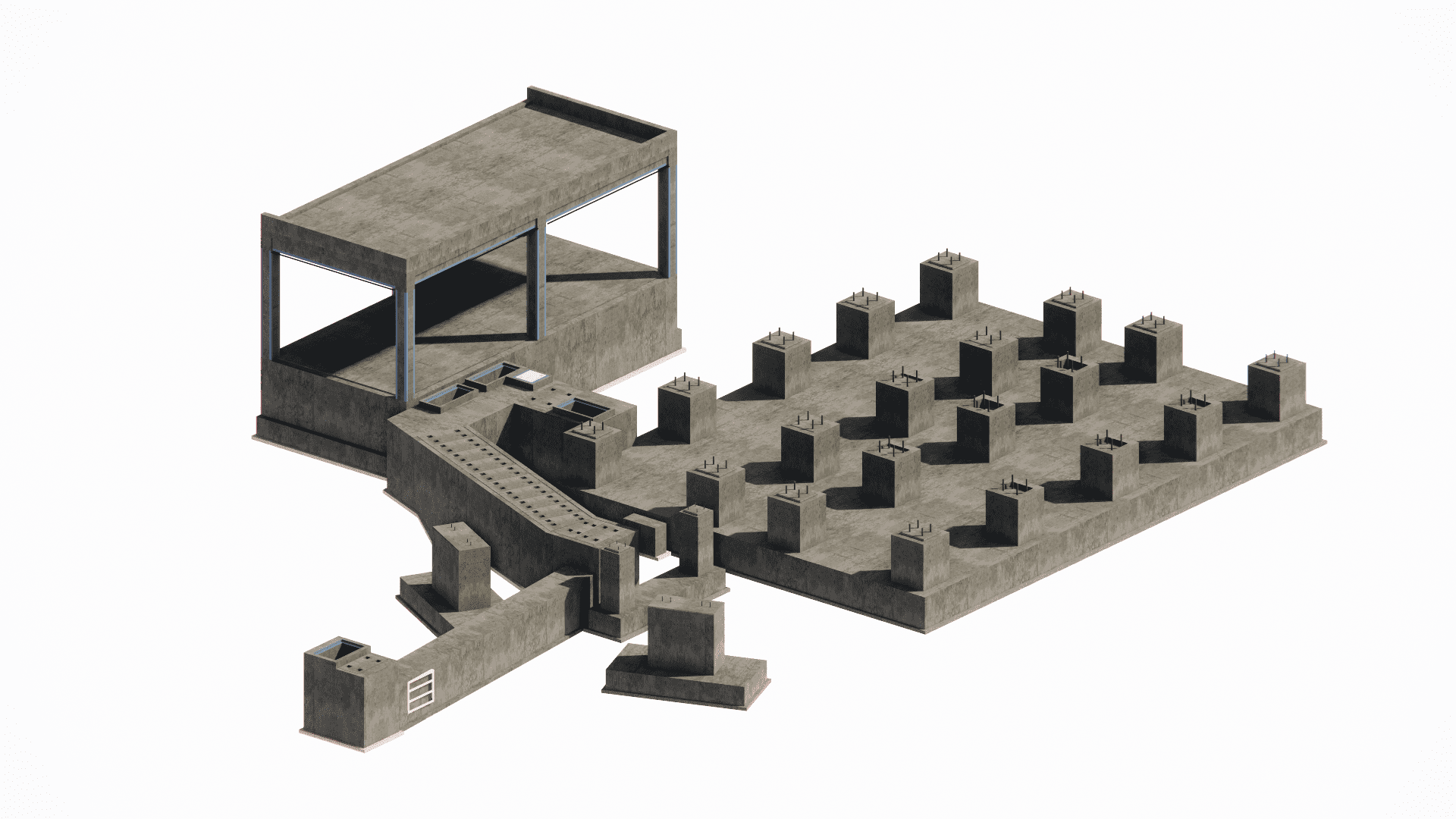 Revit model showing the foundation plan for an industrial building with various column loads