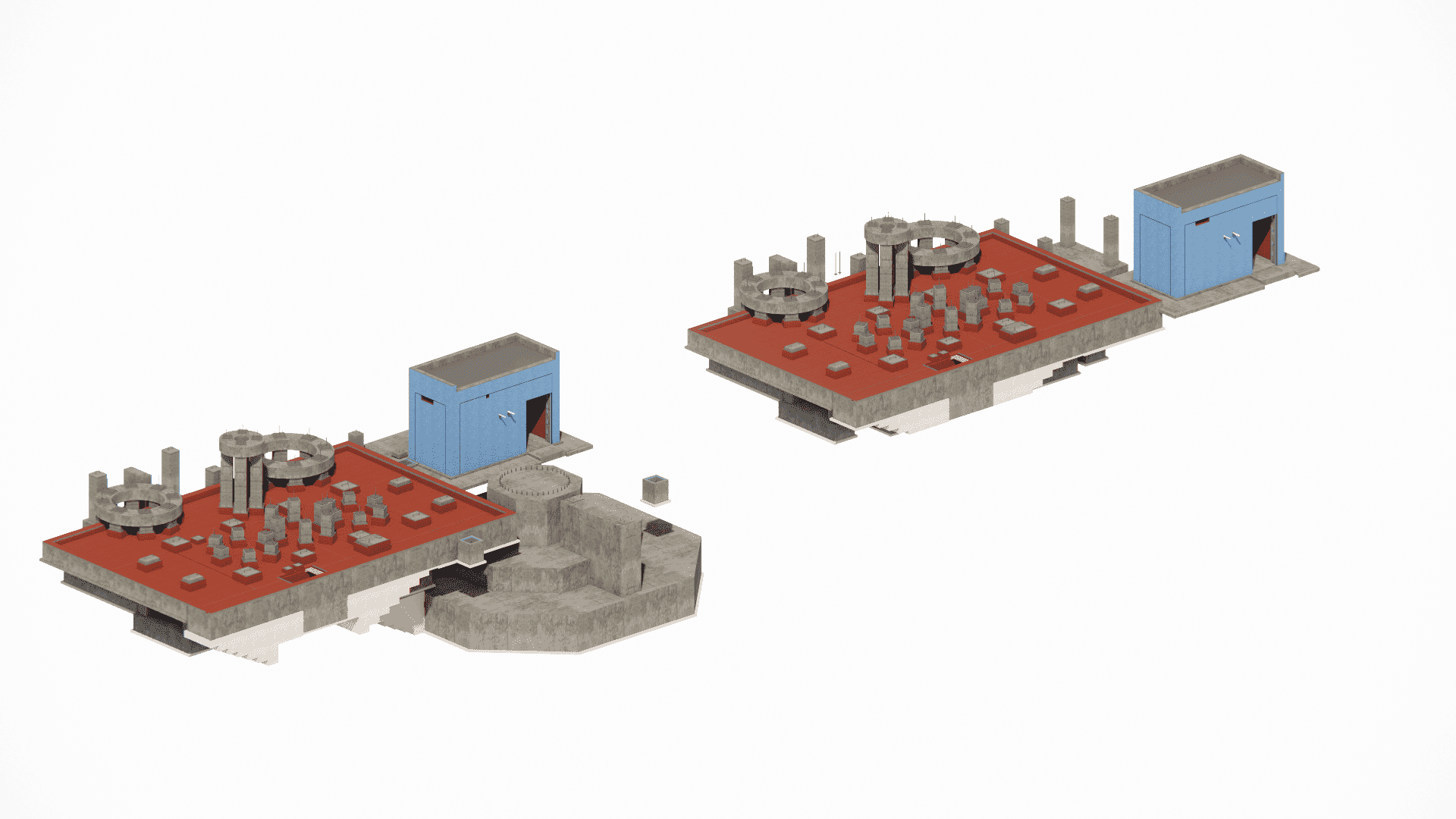 Revit model of an irregularly shaped industrial foundation, designed to fit a specific site condition and resist combined static and dynamic loads.