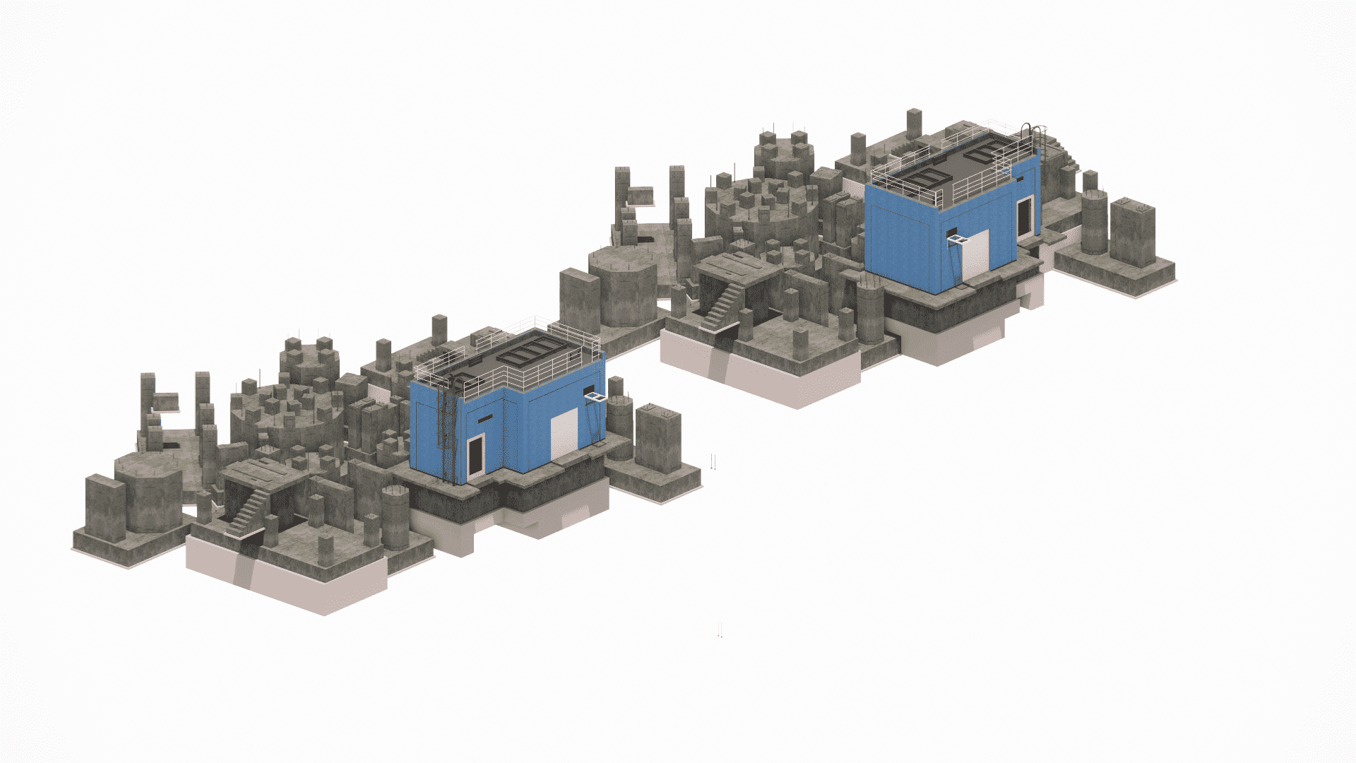 Revit detailing of various isolated and combined footing configurations used within one industrial facility layout to handle diverse structural loads